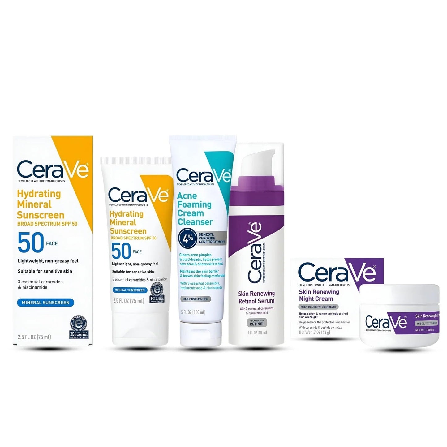 Buy Now Cerave 4 In 1 Skincare Kit Night Cream, Sunblock, Cleanser & Serum For Radiant Skin